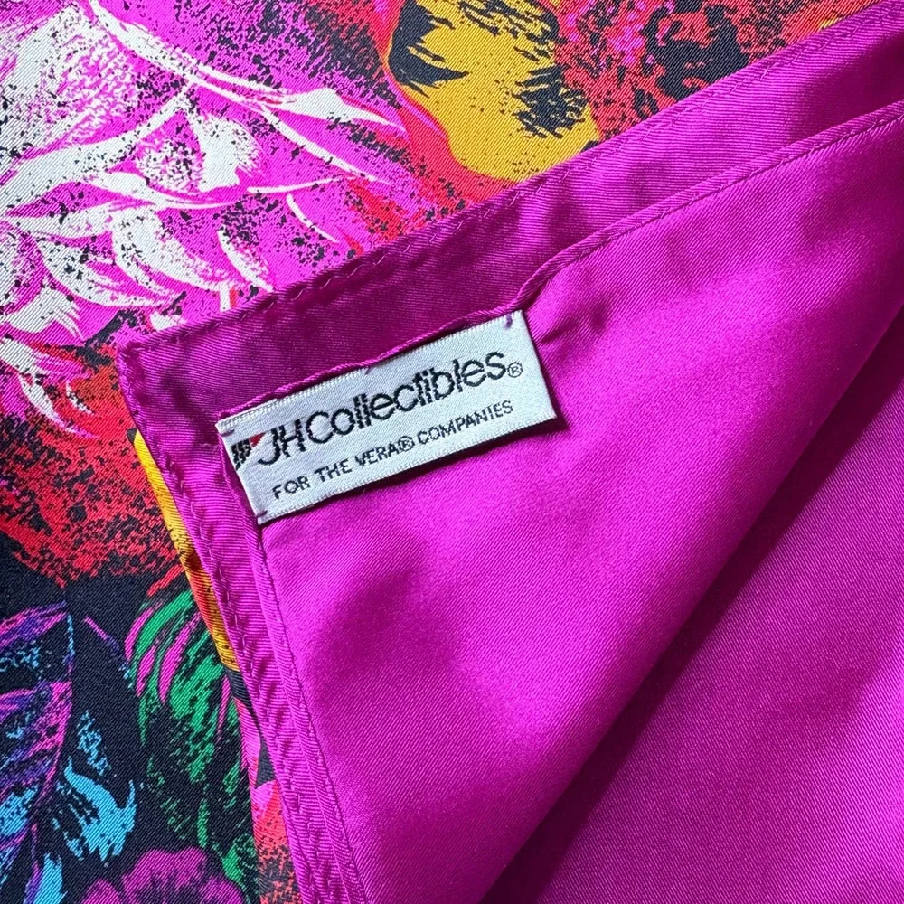 JH Collectibles Silk Scarf Vintage Floral‎ Fuchsia Black Square 34x34 Large